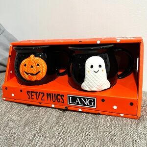 ✨NEW🎃Lang Halloween White Ghost Orange Pumpkin Mugs Set of 2